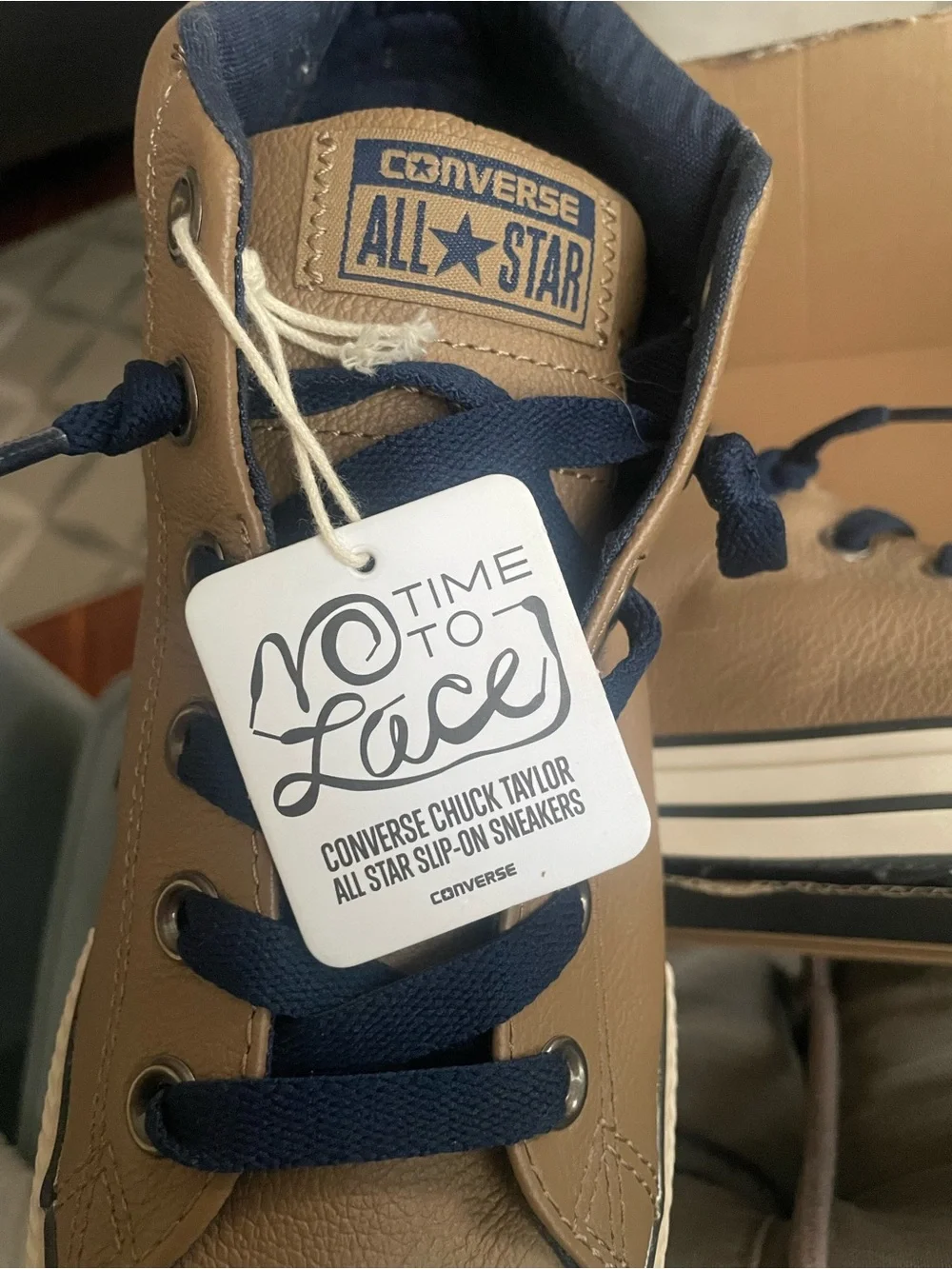 Converse Chuck Taylor Upper Leather Low Top Sneakers in Tan & Navy